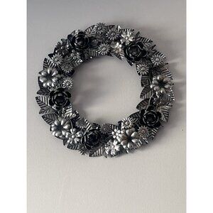 Vintage Floral Silver Metal Door Wreath 18" Farmhouse Country Cottage Wall Art